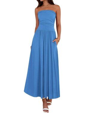 🆕 Women's Blue Strapless Tube Maxi Dress Casual Summer Long Dress with Pockets